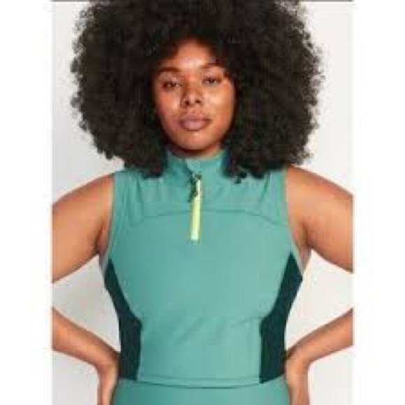 Old Navy NWT PowerSoft Half Zip Sleeveless Cropped Top green SZ L workout lift - Picture 1 of 8